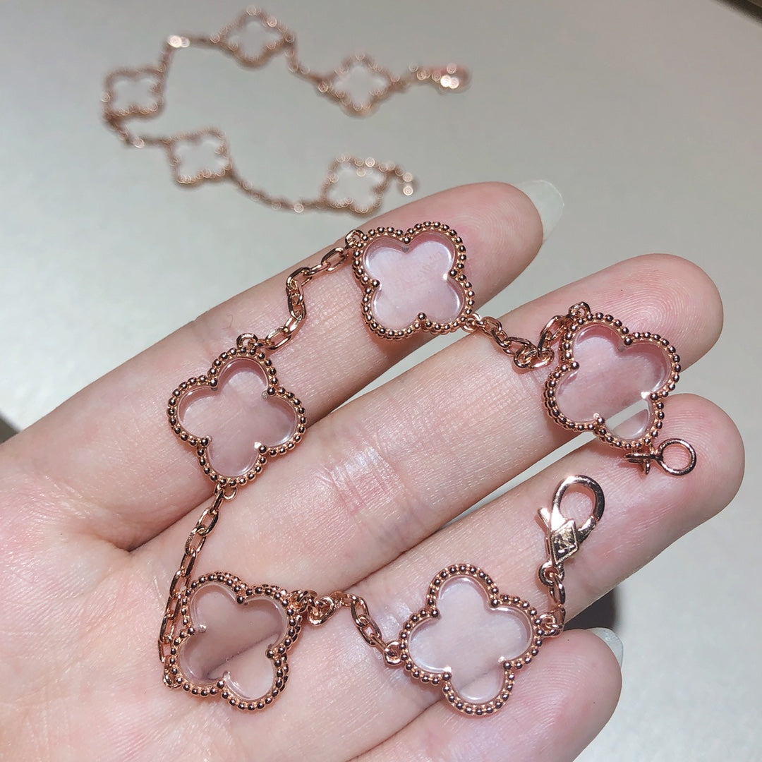 [Violet JW]CLOVER 5 MOTIF ROCK CRYSTAL PINK GOLD BRACELET