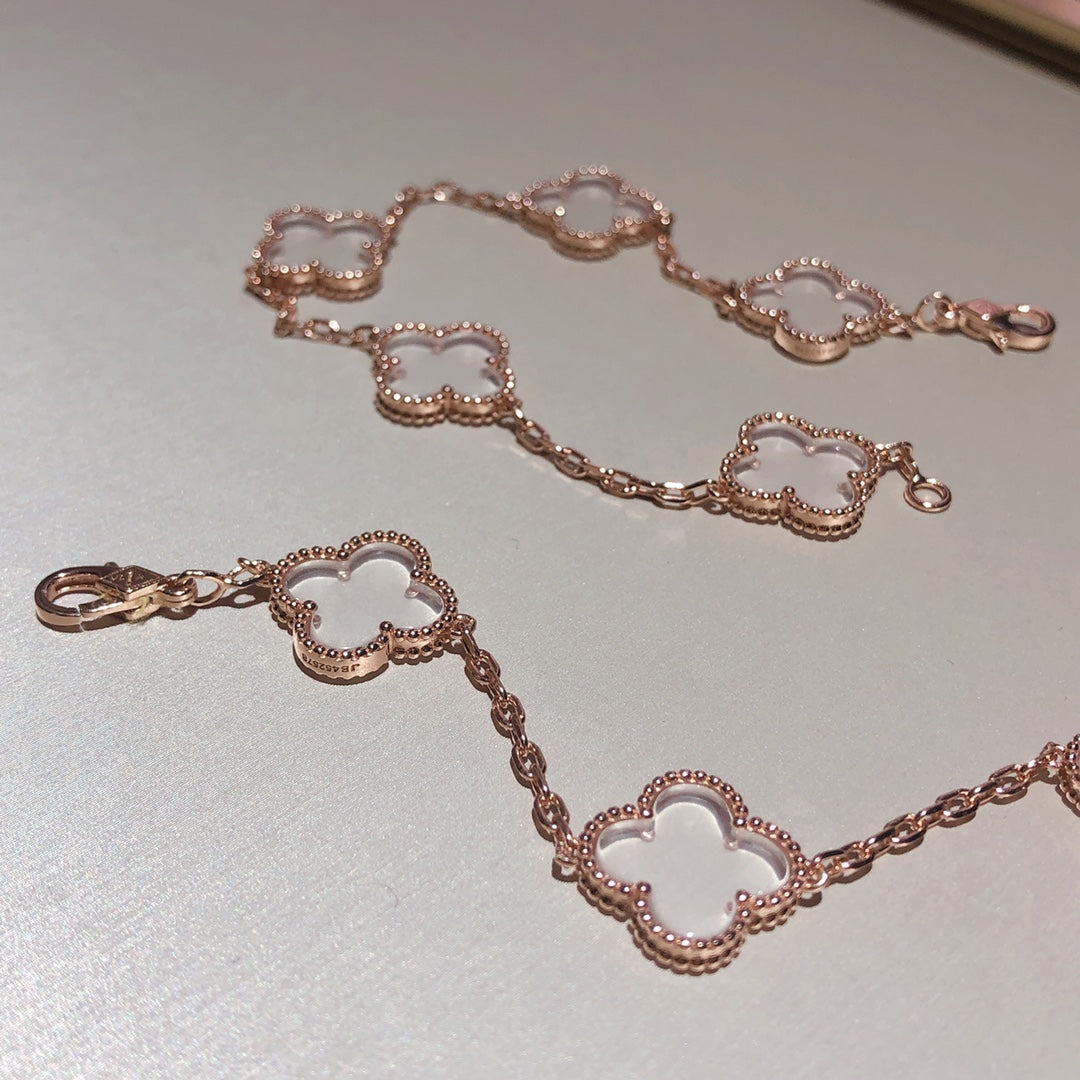 [Violet JW]CLOVER 5 MOTIF ROCK CRYSTAL PINK GOLD BRACELET