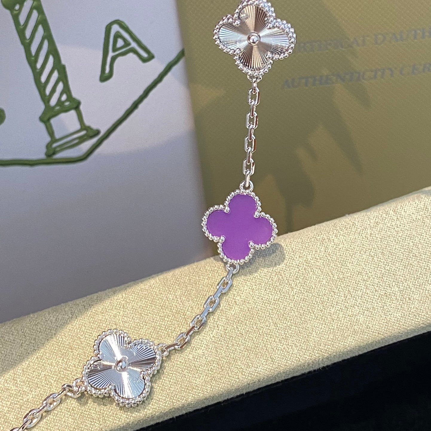 [Violet JW]CLOVER  5 MOTIFS  PURPLE VIOLET BRACELET SILVER
