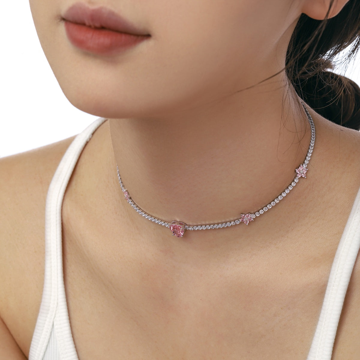 [Violet JW]Dazzling Pink Heart Flower Necklace