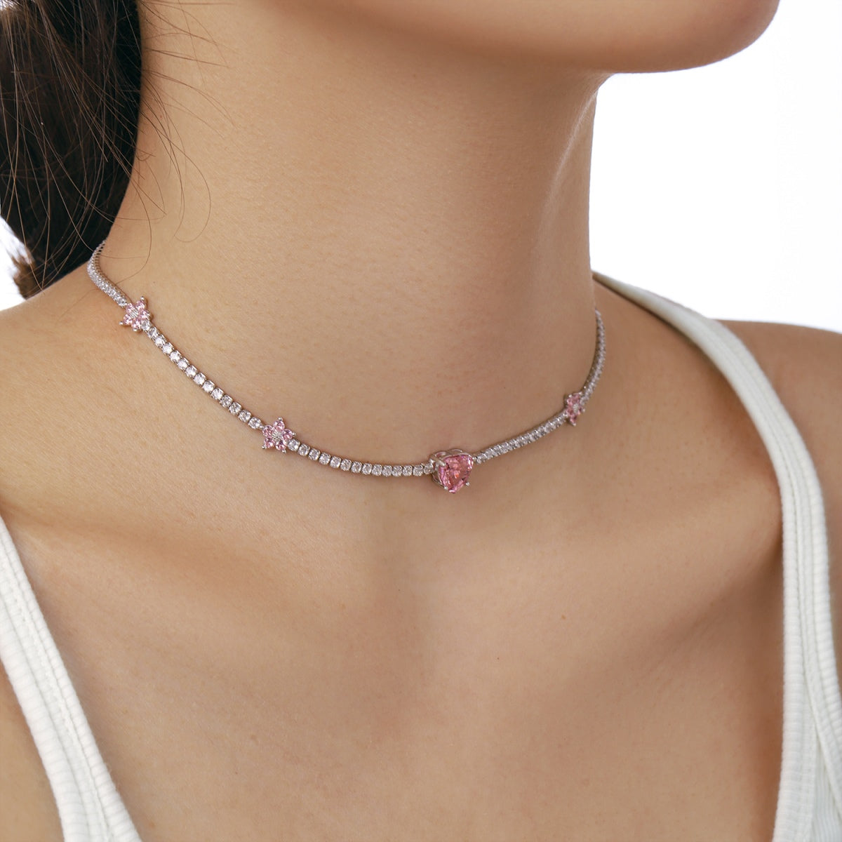 [Violet JW]Dazzling Pink Heart Flower Necklace