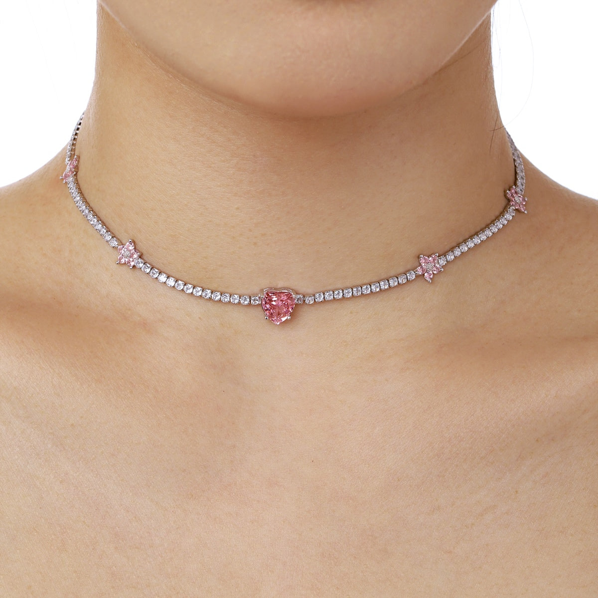 [Violet JW]Dazzling Pink Heart Flower Necklace