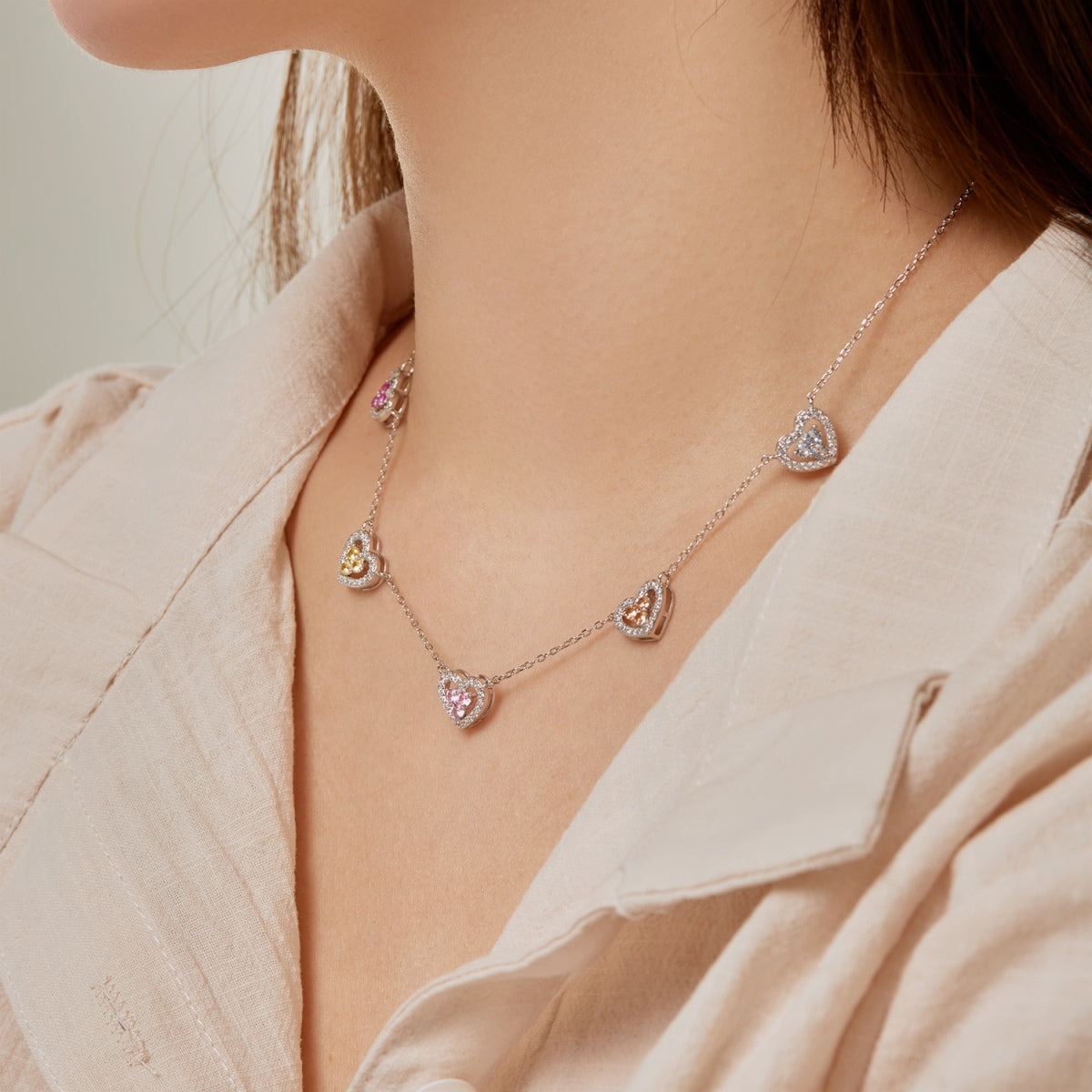 [Violet JW]Sparkling Five Heart Necklace