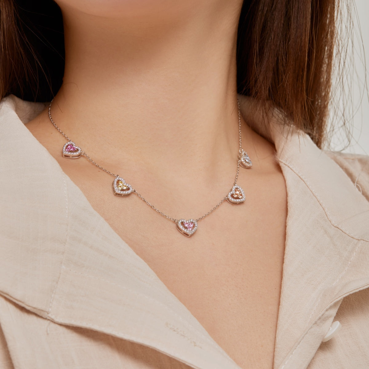 [Violet JW]Sparkling Five Heart Necklace