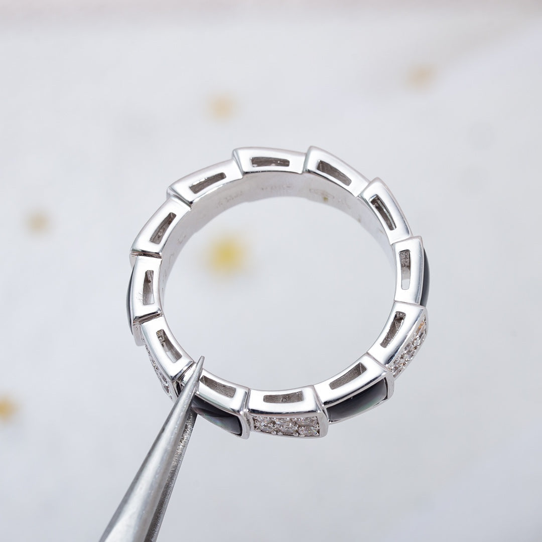 [Baslove]セルペンティリング シルバー ダイヤモンド ブラック モップ 4MM