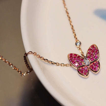 [Baslove]HALSKETTE MIT ROTEN DIAMANTEN UND SCHMETTERLINGSMUSTER AUS ROTGOLD