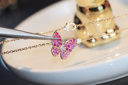 [Baslove]HALSKETTE MIT ROTEN DIAMANTEN UND SCHMETTERLINGSMUSTER AUS ROTGOLD