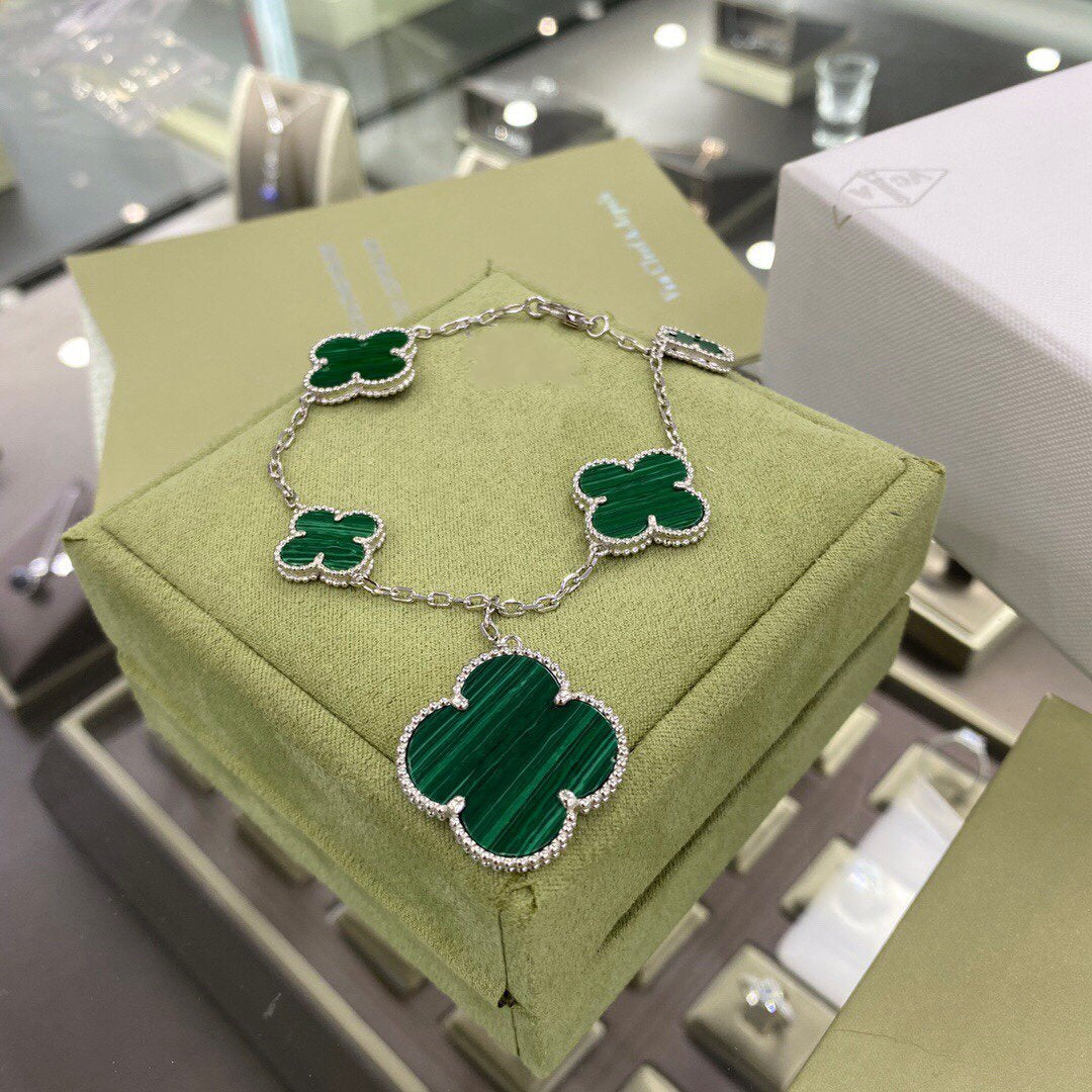 [Violet JW]CLOVER 5 MOTIFS SIVLER MALACHITE BRACELET