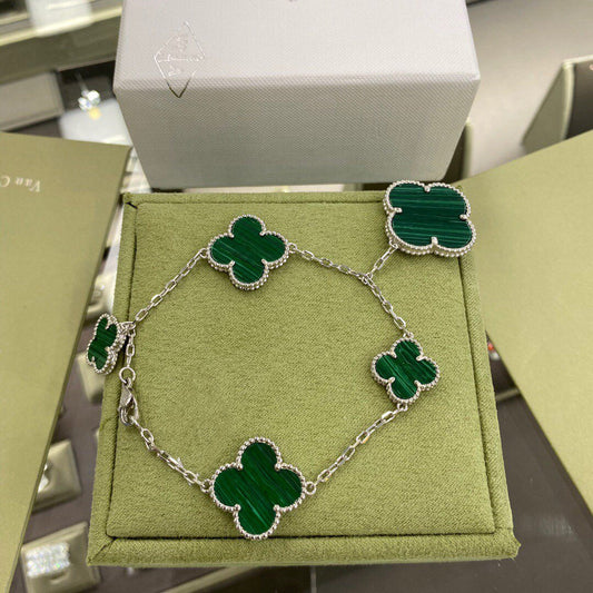 [Violet JW]CLOVER 5 MOTIFS SIVLER MALACHITE BRACELET