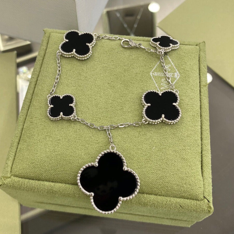 [Violet JW]CLOVER 5 MOTIFS SIVLER ONYX BRACELET