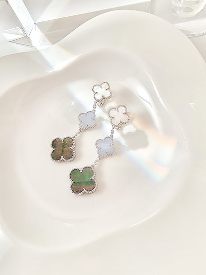 [Violet JW]CLOVER 3 MOTIFS CHALCEDONY DARK MOP SILVER EARRINGS