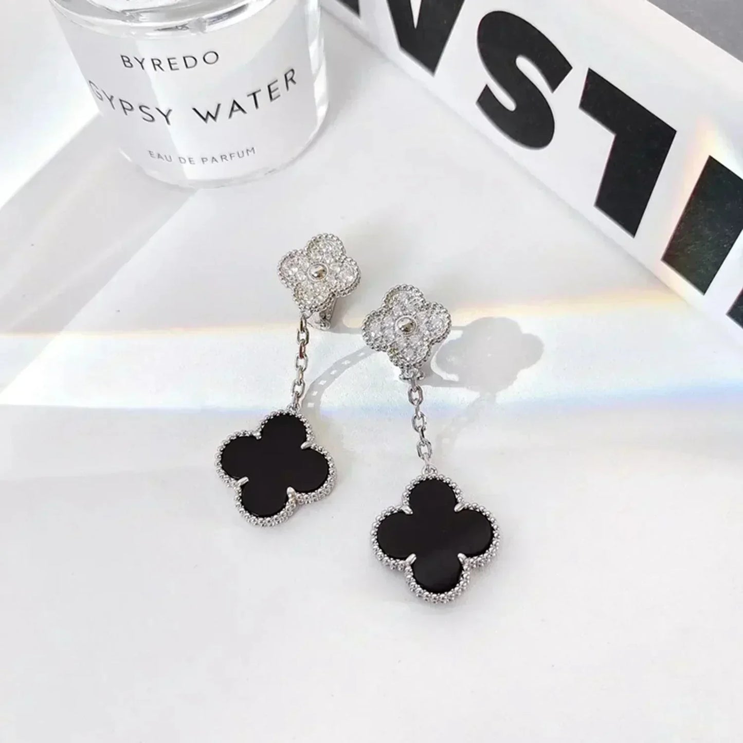 [Baslove]CLOVER 2 MOTIVE DIAMANT ONYX OHRRINGE SILBER
