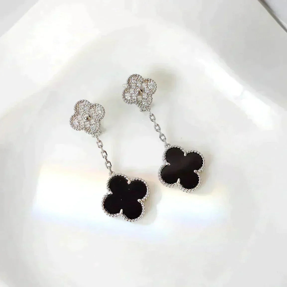 [Baslove]CLOVER 2 MOTIVE DIAMANT ONYX OHRRINGE SILBER