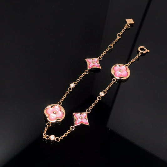 [Baslove]Armband mit Stern und Sonne, 4 Motiven, rosa Perlmutt, rosa Gold 