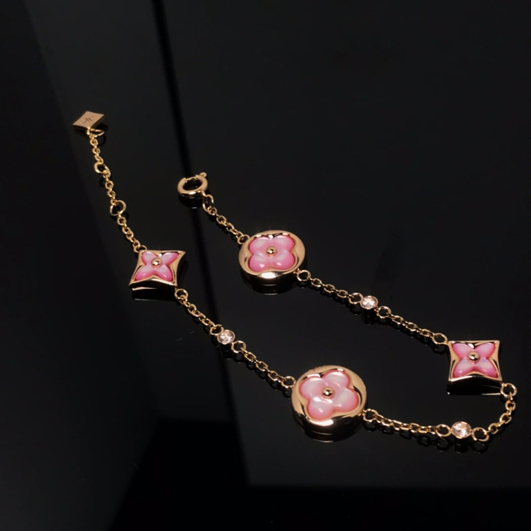 [Baslove]Armband mit Stern und Sonne, 4 Motiven, rosa Perlmutt, rosa Gold 