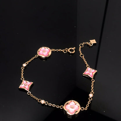 [Baslove]Armband mit Stern und Sonne, 4 Motiven, rosa Perlmutt, rosa Gold 