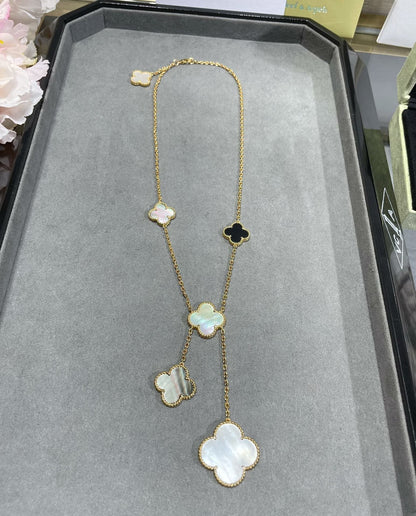 [Violet JW]CLOVER 6 MOTIF MOP ONYX GOLD NECKLACE