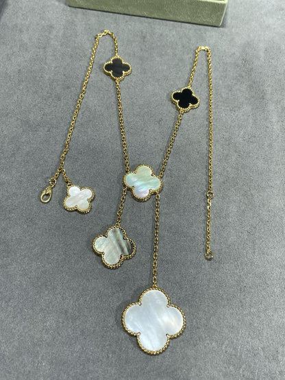 [Violet JW]CLOVER 6 MOTIF MOP ONYX GOLD NECKLACE