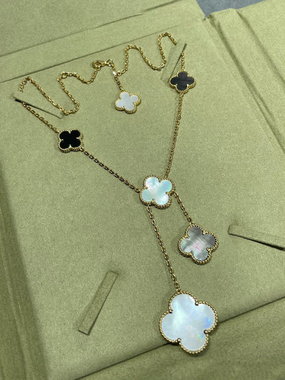 [Violet JW]CLOVER 6 MOTIF MOP ONYX GOLD NECKLACE