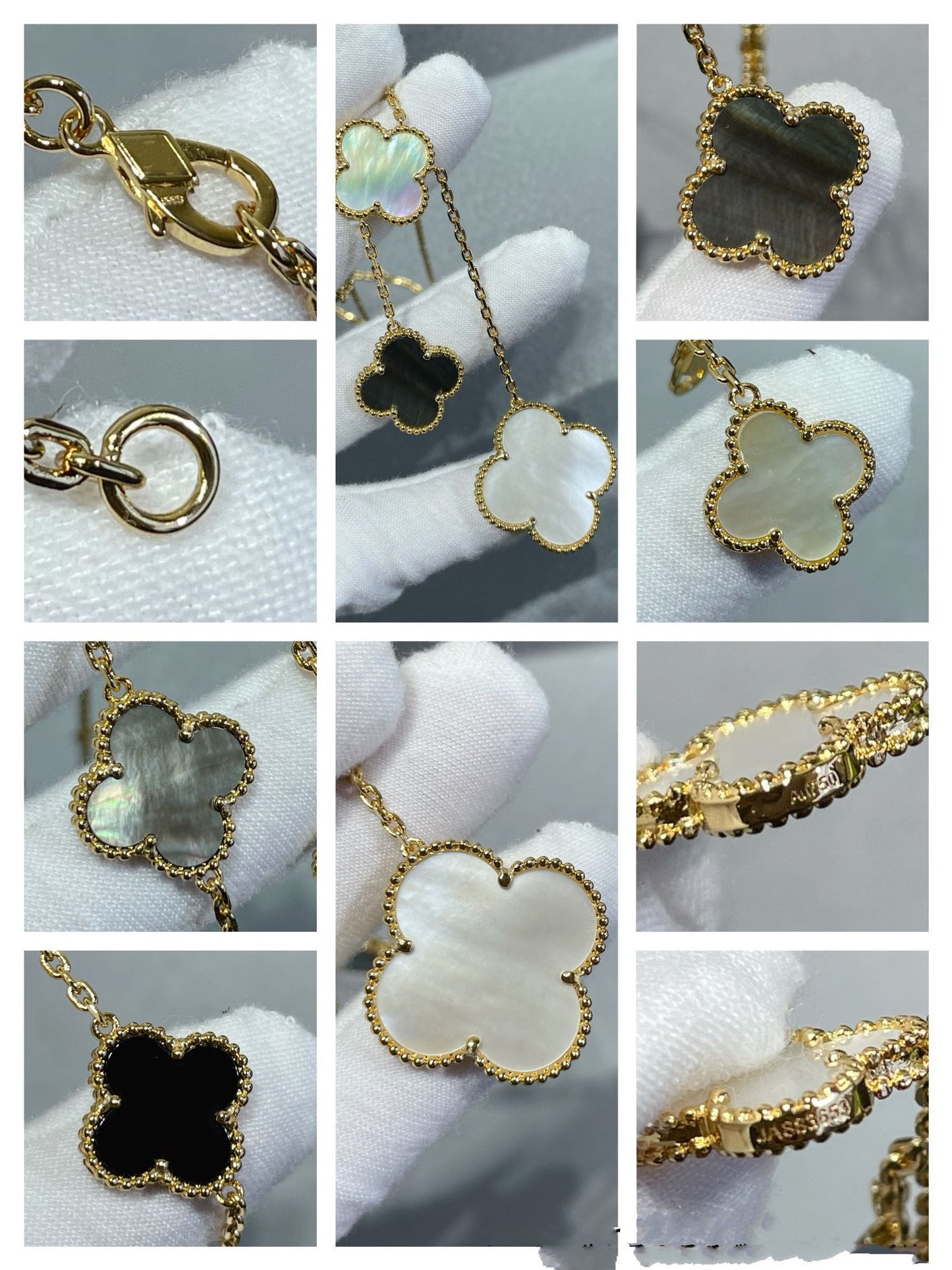 [Violet JW]CLOVER 6 MOTIF MOP ONYX GOLD NECKLACE