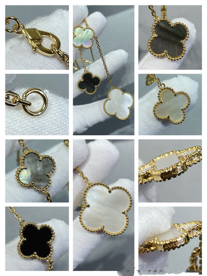 [Violet JW]CLOVER 6 MOTIF MOP ONYX GOLD NECKLACE