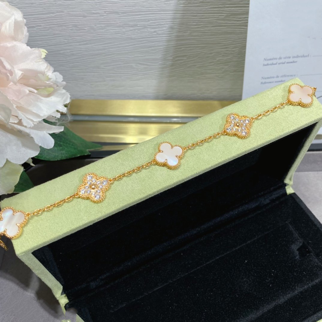 [Violet JW]CLOVER 5 MOTIF DIAMOND PINK MOP PINK GOLD BRACELET