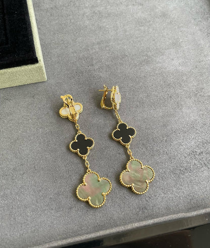 [Violet JW]CLOVER 3 MOTIF MOP ONYX DARK MOP PINK GOLD EARRINGS