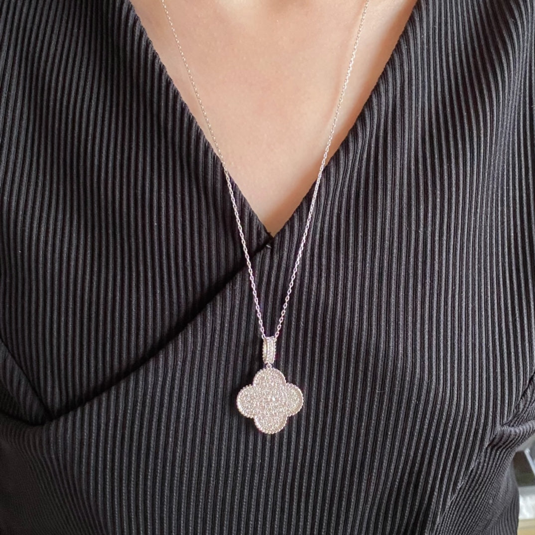 [Violet JW]CLOVER 25MM LARGE PEDANT DIAMOND PAVED LONG NECKLACE