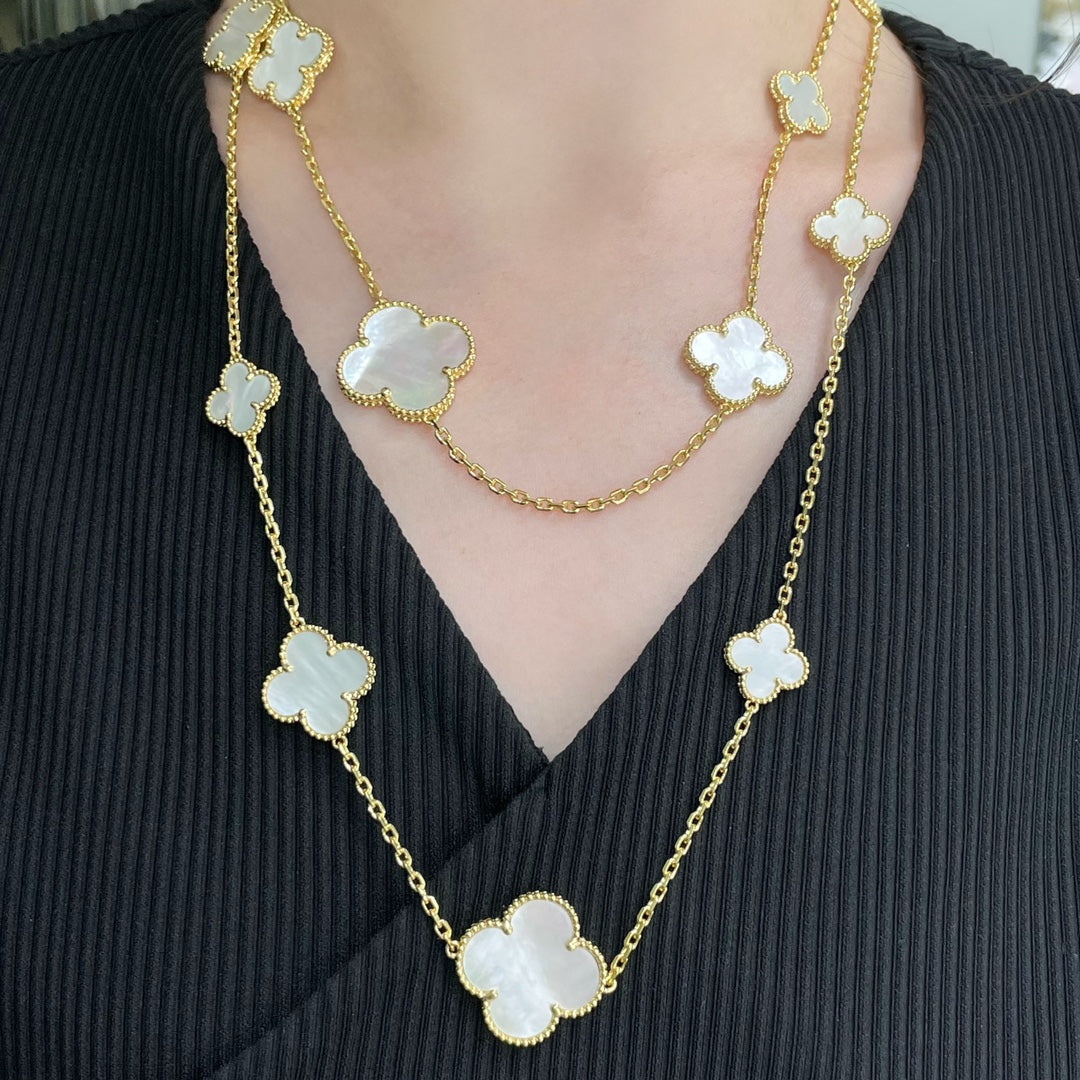 [Violet JW]CLOVER 16 MOTIF WHITE MOP GOLD NECKLACE
