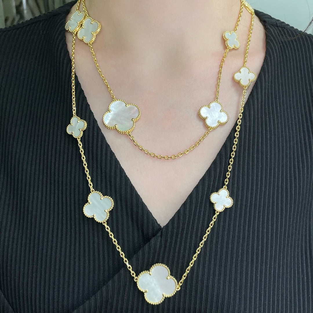[Violet JW]CLOVER 16 MOTIF WHITE MOP GOLD NECKLACE