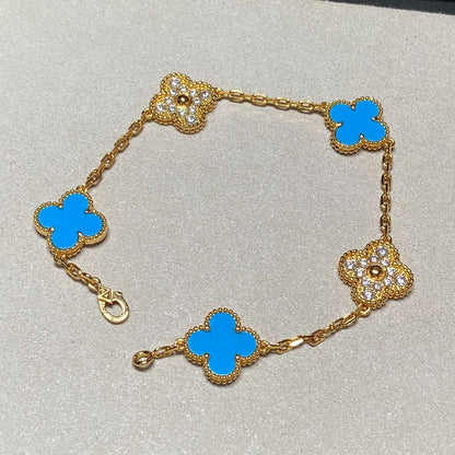 [Violet JW]CLOVER 5 MOTIF BLUE CHALCEDONY DIAMOND GOLD BRACELET