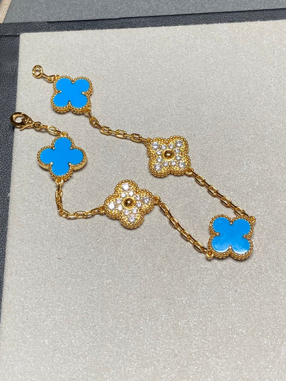 [Violet JW]CLOVER 5 MOTIF BLUE CHALCEDONY DIAMOND GOLD BRACELET