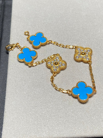 [Violet JW]CLOVER 5 MOTIF BLUE CHALCEDONY DIAMOND GOLD BRACELET