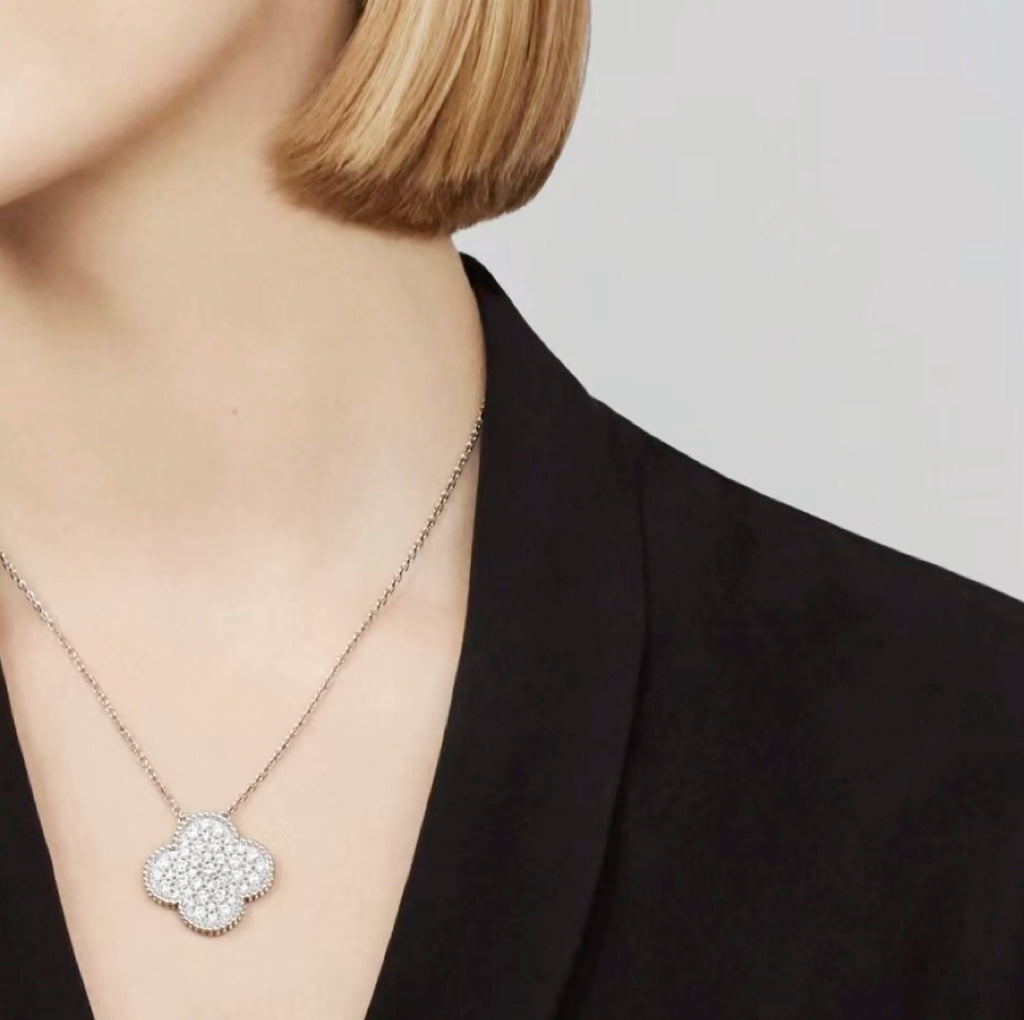[Violet JW]CLOVER 25MM LARGE PENDANT DIAMOND PAVED SILVER NECKLACE