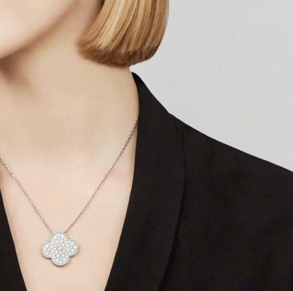[Violet JW]CLOVER 25MM LARGE PENDANT DIAMOND PAVED SILVER NECKLACE