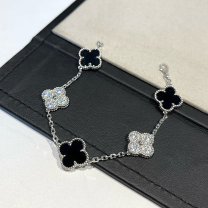 [Violet JW]CLOVER 5 MOTIF ONYXS DIAMOND BRACELET SILVER