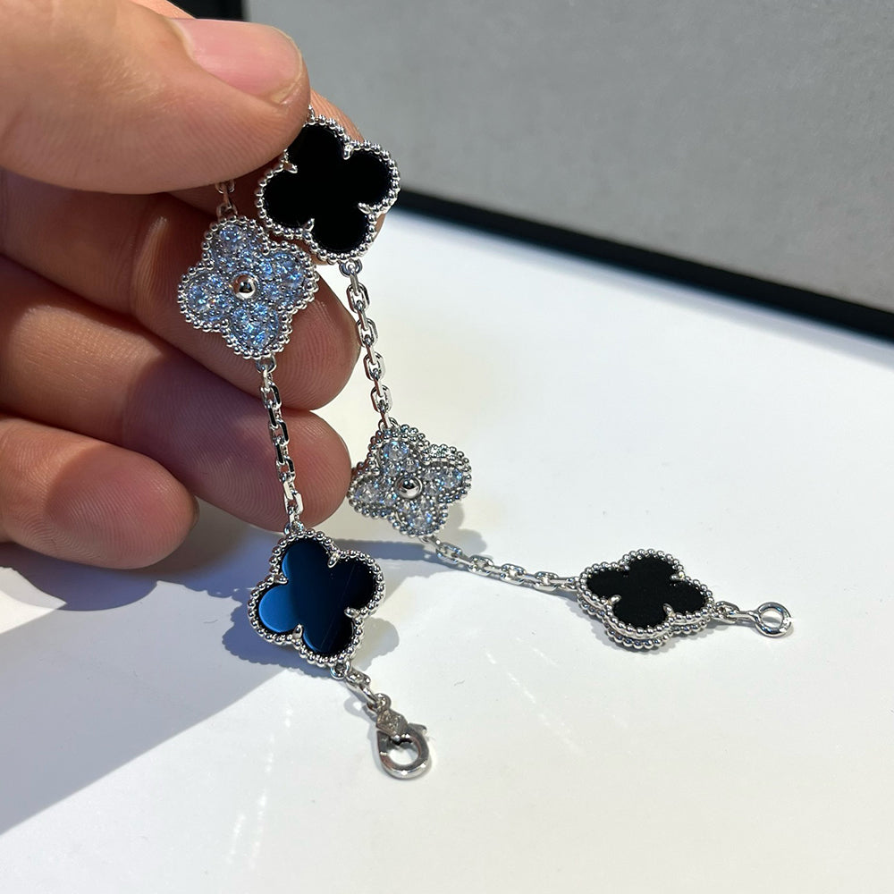 [Violet JW]CLOVER 5 MOTIF ONYXS DIAMOND BRACELET SILVER