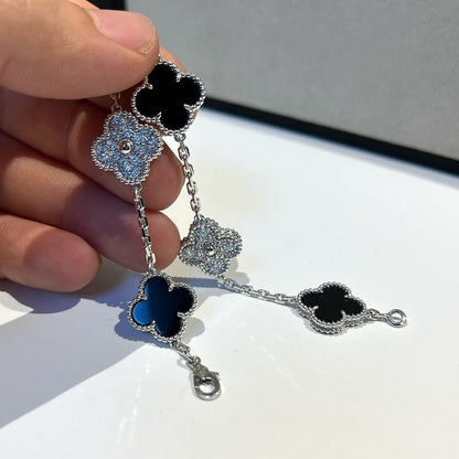 [Violet JW]CLOVER 5 MOTIF ONYXS DIAMOND BRACELET SILVER