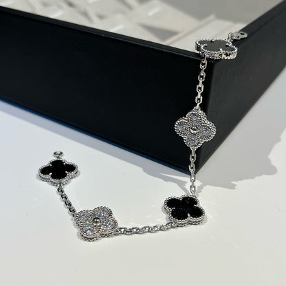 [Violet JW]CLOVER 5 MOTIF ONYXS DIAMOND BRACELET SILVER