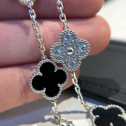 [Violet JW]CLOVER 5 MOTIF ONYXS DIAMOND BRACELET SILVER