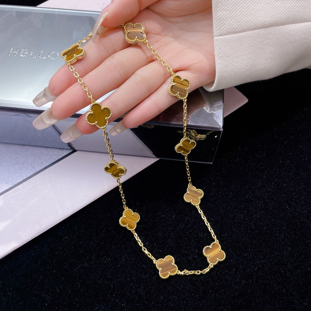 [Violet JW]CLOVER 10 MOTIFS TIGER EYE NECKLACE