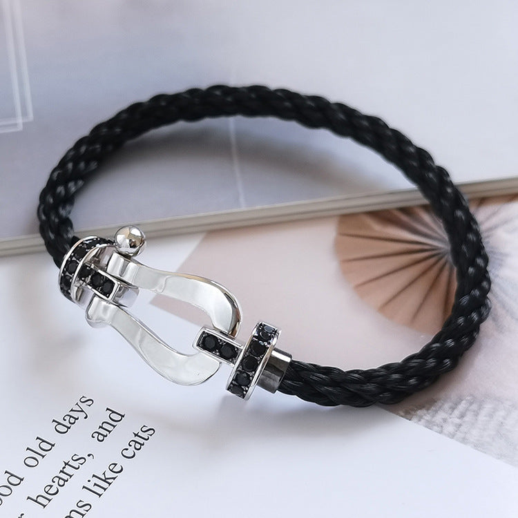 [Baslove]FORCE GROSSES HUFEISENARMBAND MIT SCHWARZEN DIAMANTEN SILBER