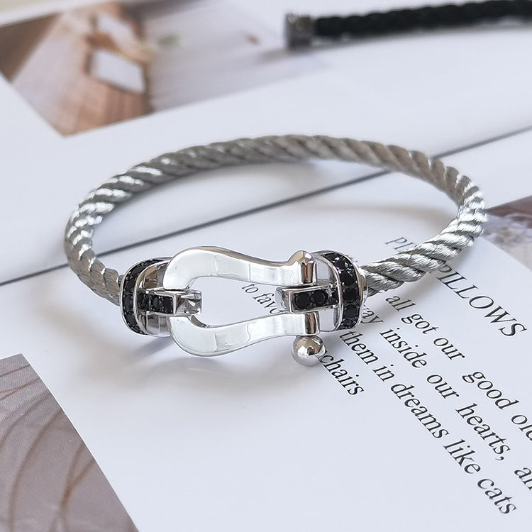 [Baslove]FORCE GROSSES HUFEISENARMBAND MIT SCHWARZEN DIAMANTEN SILBER