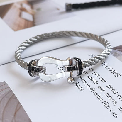 [Baslove]FORCE GROSSES HUFEISENARMBAND MIT SCHWARZEN DIAMANTEN SILBER