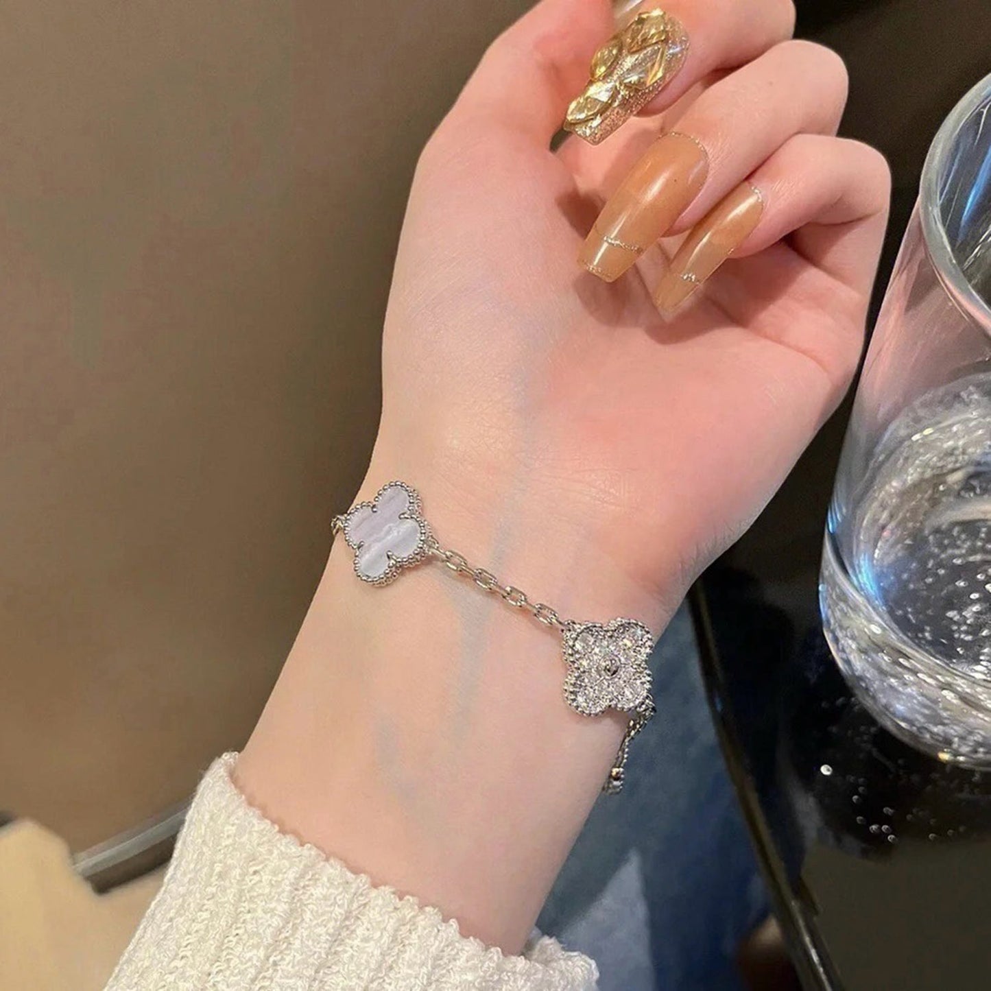 [Violet JW]CLOVER  5 MOTIF DIAMOND PURPLE CHALCEDONY BRACELET SILVER