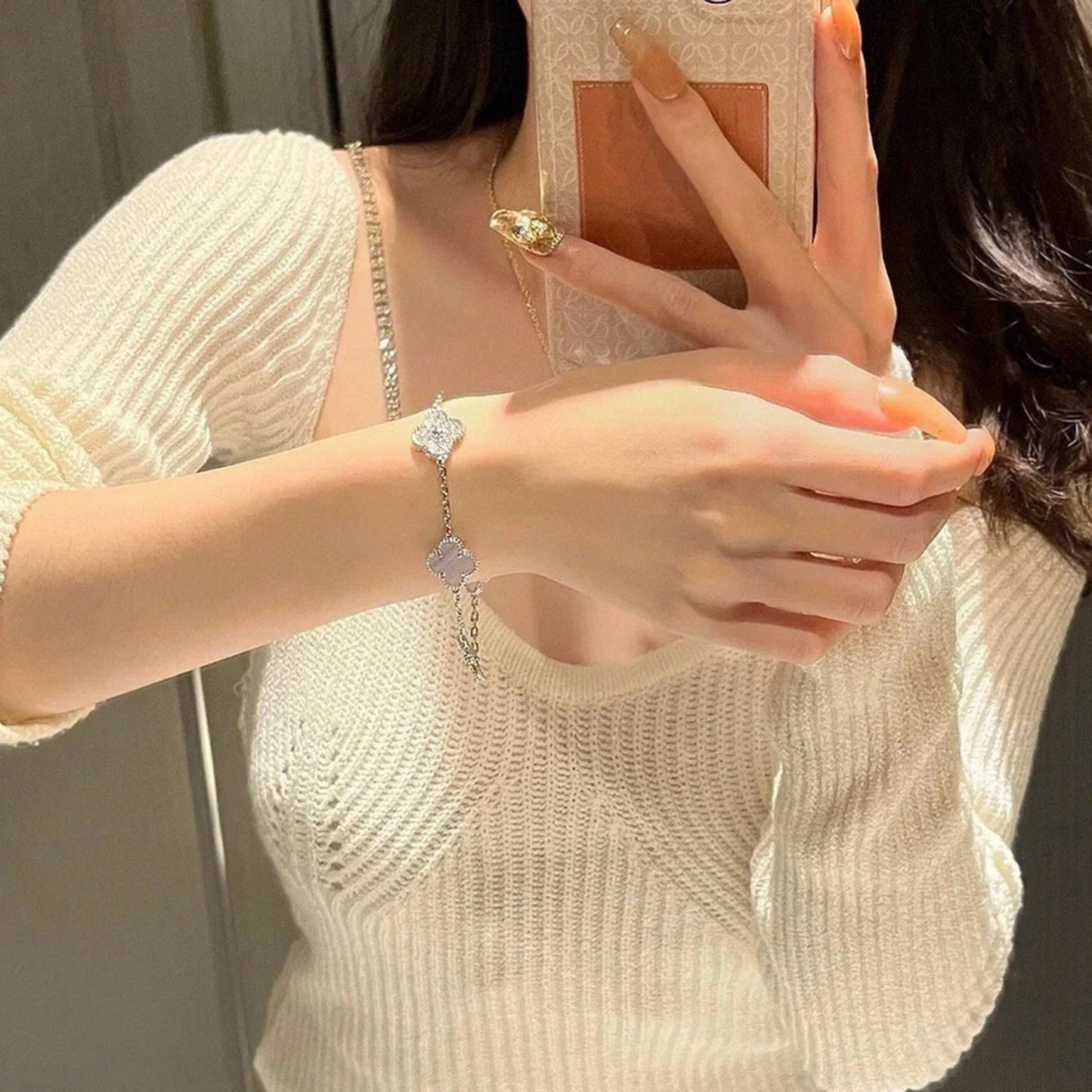 [Violet JW]CLOVER  5 MOTIF DIAMOND PURPLE CHALCEDONY BRACELET SILVER