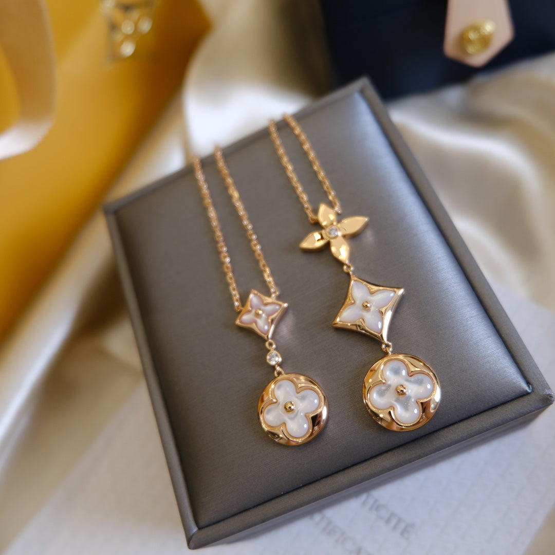 [Baslove] COLOR BLOSSOM LARIAT HALSKETTE ROSA GOLD WEIß MUTTER PERLE UND DIAMANT