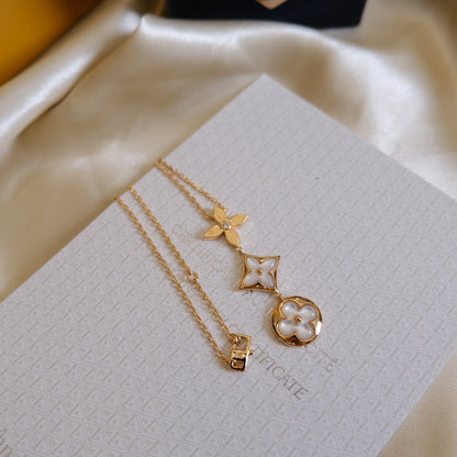 [Baslove] COLOR BLOSSOM LARIAT HALSKETTE ROSA GOLD WEIß MUTTER PERLE UND DIAMANT