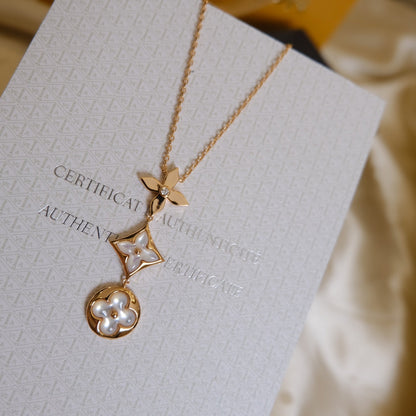 [Baslove] COLOR BLOSSOM LARIAT HALSKETTE ROSA GOLD WEIß MUTTER PERLE UND DIAMANT