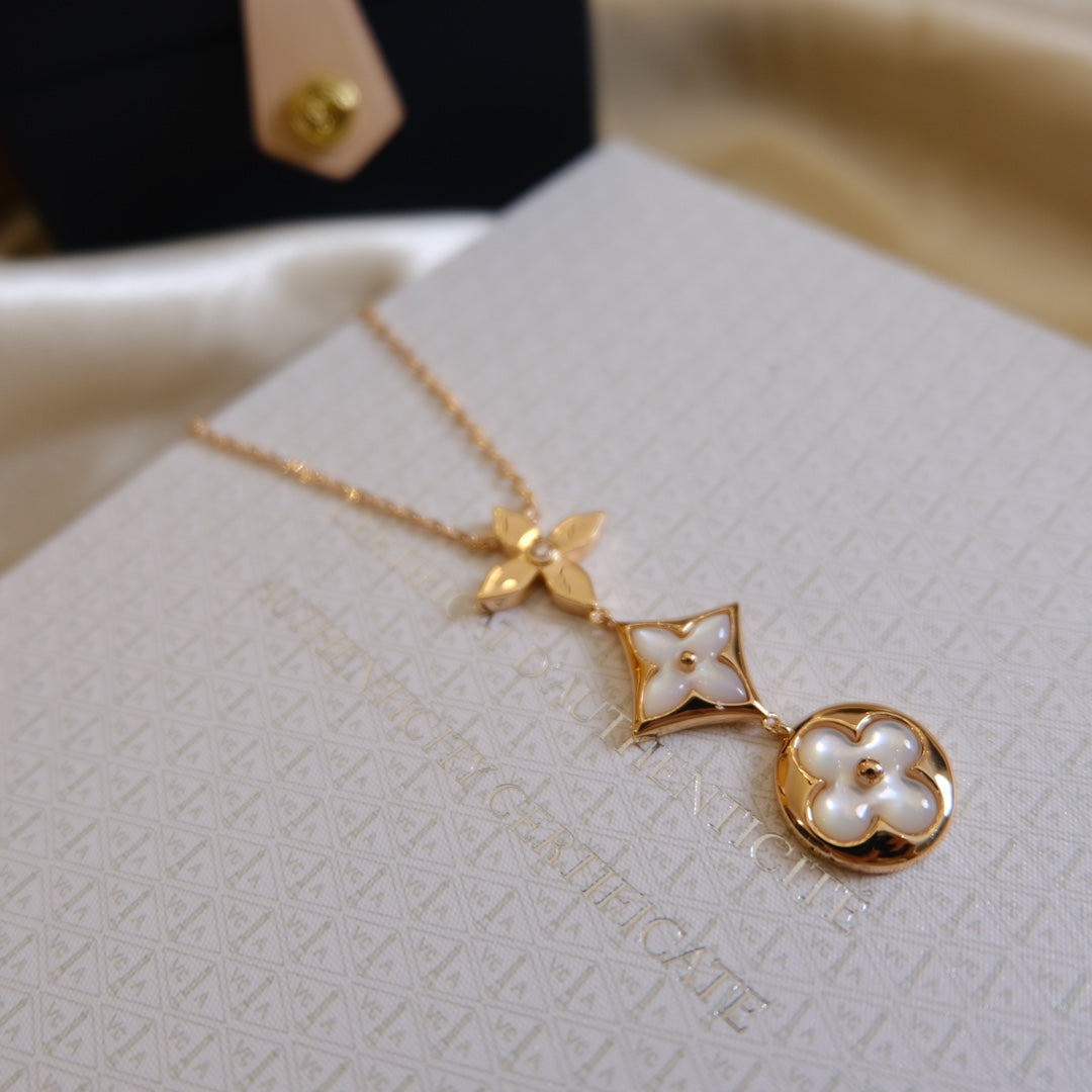 [Baslove] COLOR BLOSSOM LARIAT HALSKETTE ROSA GOLD WEIß MUTTER PERLE UND DIAMANT